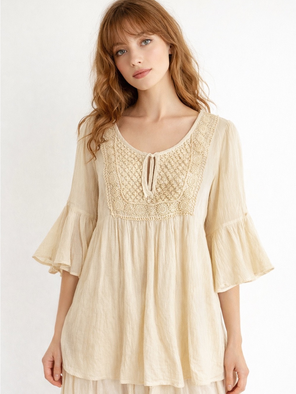 Boho Crochet Cream Peasant Top Fairycore Bell Sleeves